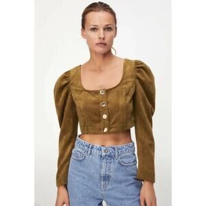 ZARA Corduroy Puff Sleeve Gold Buttons Front Crop Top Olive Green Size Medium